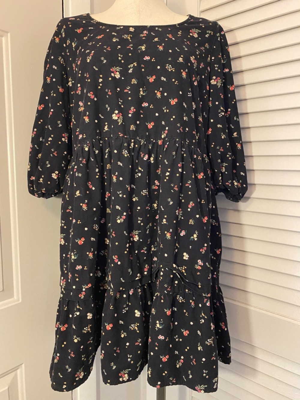 Time and Tru Black Floral Tiered Corduroy Dress - Size M